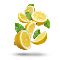 Fresh juicy lemons and green leaves falling on white background