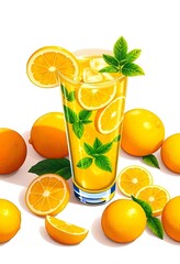 A glass of lemonade with lemon slices and mint leaves, surrounded by fresh lemons on a neutral monochrome background, vector, cut, free