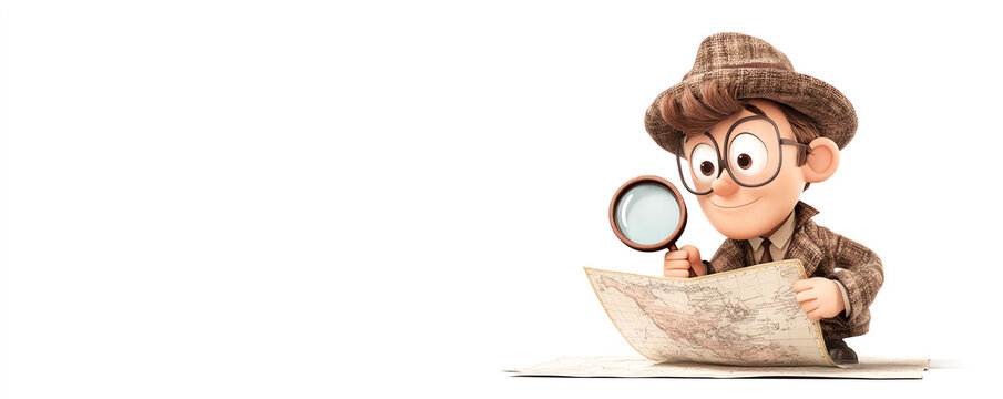 A curious character inspects a map with a magnifying glass, embodying adventure and discovery in a whimsical design.