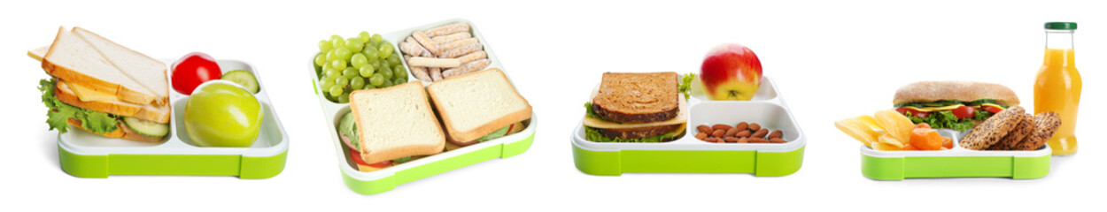Collage of lunch box with different foods isolated on white