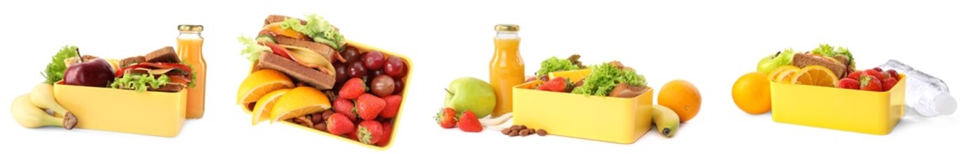 Collage of lunch box with different foods isolated on white