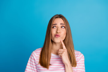 Photo of dreamy charming cute woman wear trendy pink clothes look up empty space isolated on blue color background