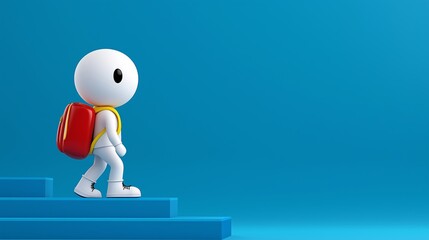 A white character with a red backpack is walking up a blue staircase. The character appears to be a student, and the backpack suggests that they are carrying school supplies