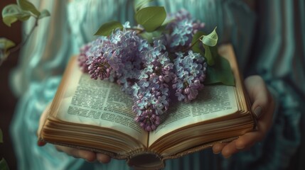 A close-up view of a vintage book with a lilac branch placed on the open pages, showcasing a romantic and nostalgic floral element.