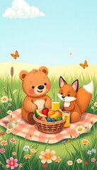 Fototapeta premium Cute Cartoon of a Bear and a Fox Enjoying a Picnic by a Meadow