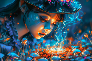 Obraz premium Under the enchanting glow of twilight, a young woman examines luminous mushrooms clustered among vibrant foliage, capturing the magic of nature