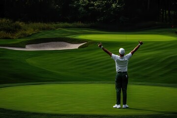 Golfer celebrating a hole-in-one, arms raised in excitement, with a vibrant green course behind, Golf, Celebratory Sports Moment