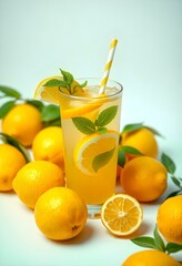 A glass of lemonade with lemon slices and mint leaves, surrounded by fresh lemons on a neutral monochrome background, vector, cut, free