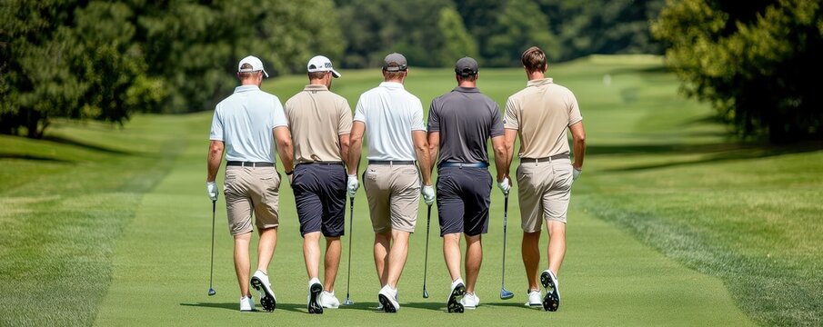 Group of golfers walking down the fairway together, sharing laughs and camaraderie, Golf, Social Sports Scene
