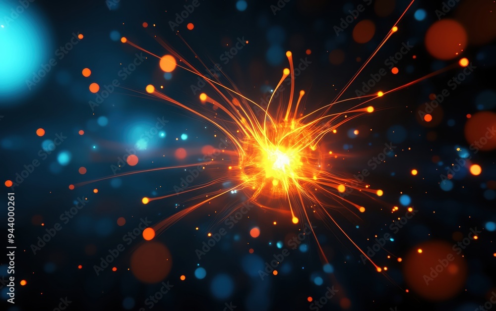 Poster a vibrant and dynamic visual of energy and light bursts in a cosmic blue background, creating a mesm