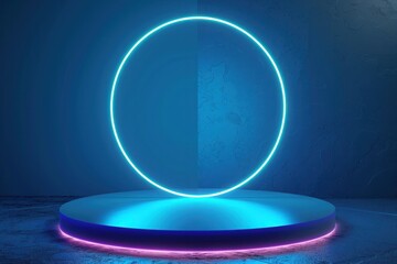 A blue and purple neon light circle is on a stage
