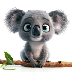 Obraz premium Gray and cute cartoon koala with black nose and round blue eyes sitting on a branch, isolated on white background, creates a fun and adorable image for a children's book.