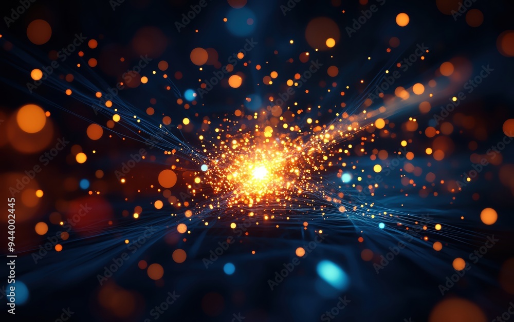 Poster a vibrant explosion of light and color, showcasing dynamic particles and luminous energy in a cosmic