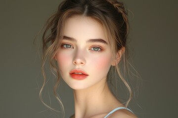 Naklejka premium Beautiful Woman with Green Eyes and a Soft, Natural Makeup Look