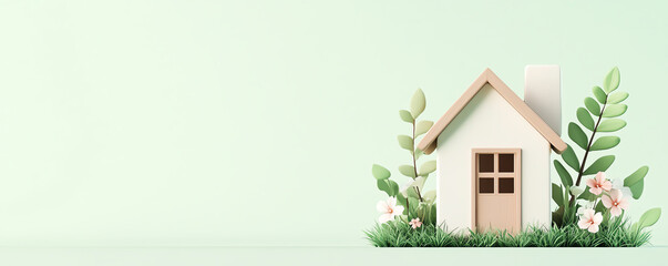 Charming miniature house surrounded by greenery and flowers, perfect for themes of home, nature, and sustainability.