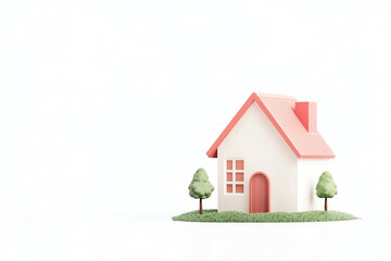 Charming miniature house with a red roof, surrounded by greenery, perfect for illustrating home, family, and real estate themes.