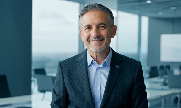  Portret doświadczonego senior konsultanta biznesowego, uśmiechającego się pewnie do kamery, w nowoczesnym biurze. 
