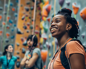 Experienced rock climbing coach assisting diverse group in learning indoor climbing techniques and safety