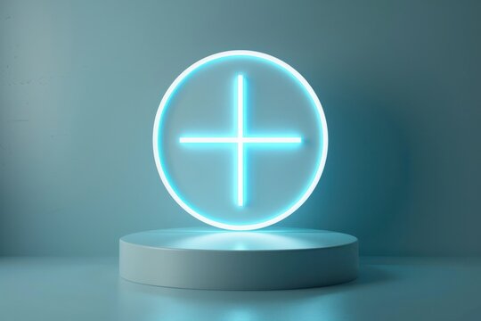 A neon blue plus sign is lit up on a white pedestal