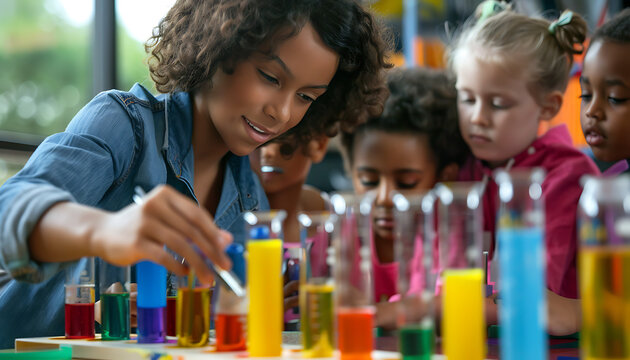 Engaging Elementary Science Experiment: Teacher Demonstrating Colorful Beakers and Test Tubes to Young Students