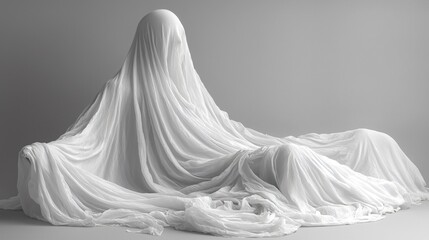 Halloween ghost decor with white sheets creates a spooky yet minimalist vibe, perfect for party invitations, decorations, or themed events with copy space.