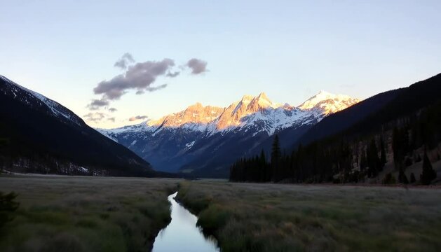 a Captivating Landscape That Mirrors the Serene Mountain Valley: Majestic Peaks, Dawn Light, and Tranquil River