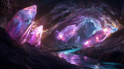 Obraz premium Crystal Cavern: A vast underground cavern filled with giant, luminous crystals, with an iridescent river flowing through the middle. 