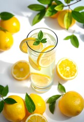 Fototapeta premium A glass of lemonade with lemon slices and mint leaves, surrounded by fresh lemons on a neutral monochrome background, vector, cut, free