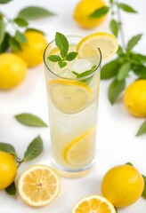 A glass of lemonade with lemon slices and mint leaves, surrounded by fresh lemons on a neutral monochrome background, vector, cut, free