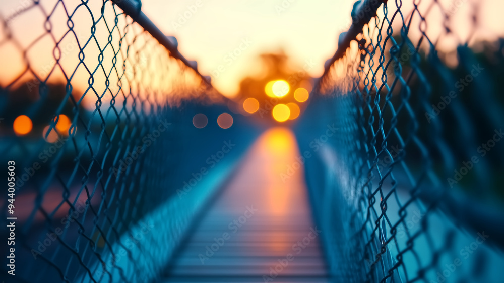 Poster sunset view through a chain-link fence on a pedestrian bridge with bokeh lights in the background