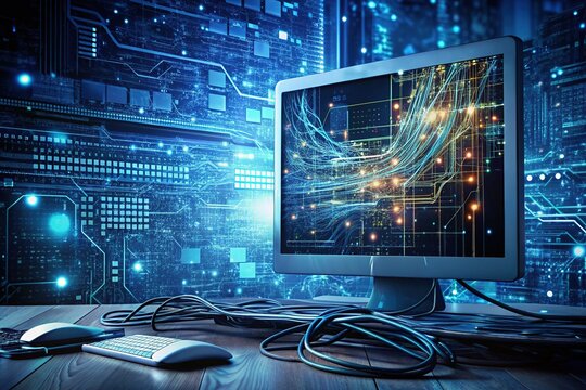 Abstract coding concept featuring a cluttered computer screen with lines of complex code, wires, and binary digits against a dark, moody background.