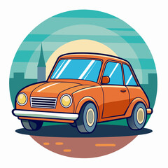 Fototapeta premium Orange Retro Car with City Skyline and Sunset in a Circle