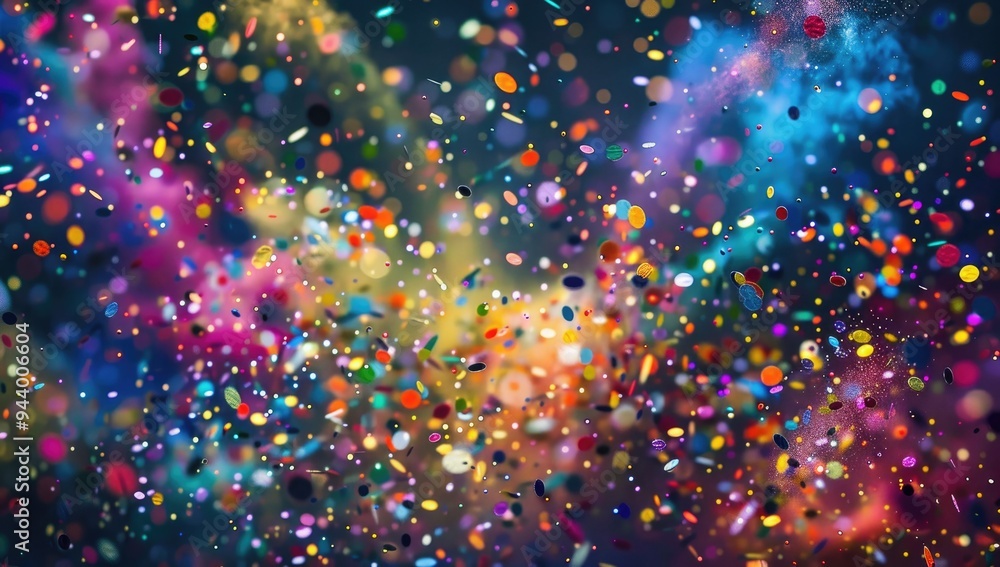 Poster a digital art representation of an explosion of colorful particles, resembling glitter or confetti i
