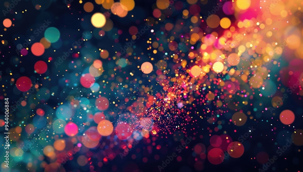 Poster a digital art representation of an explosion of colorful particles, resembling glitter or confetti i