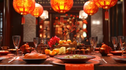 Fototapeta premium 3D rendering of a Chinese New Year banquet with traditional dishes and decorations