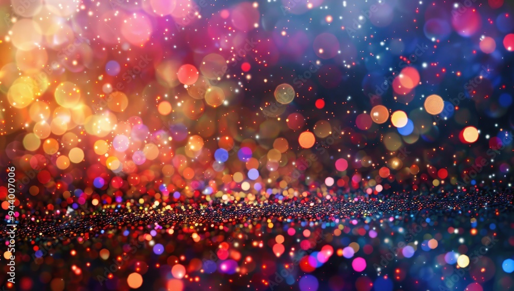 Poster a vibrant explosion of multicolored glitter particles, filling the frame with an array of sparkling 