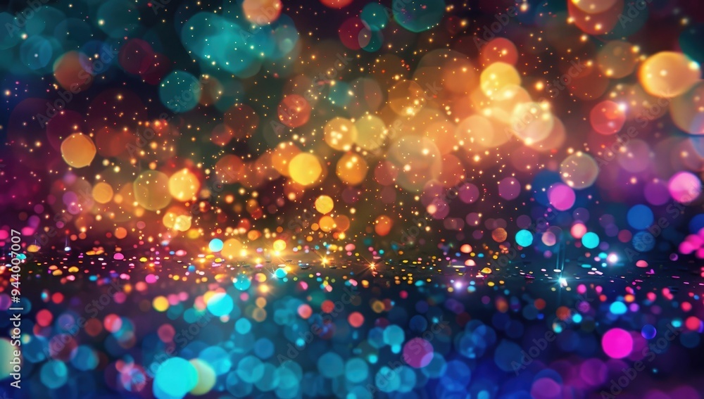 Poster a vibrant explosion of multicolored glitter particles, filling the frame with an array of sparkling 