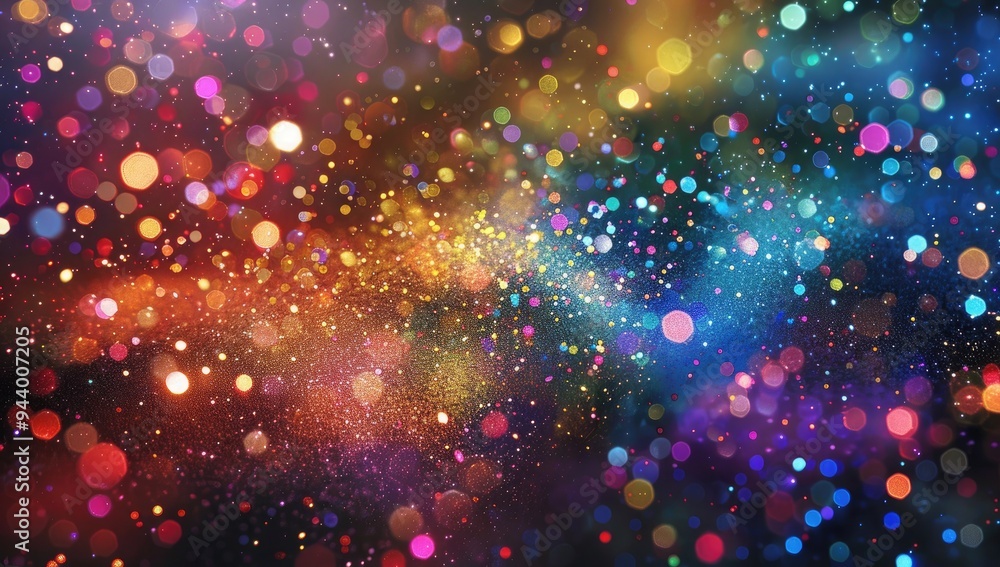 Poster a vibrant explosion of multicolored glitter particles, filling the frame with an array of sparkling 