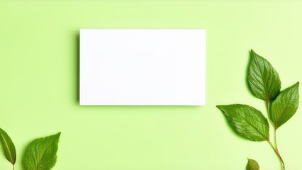 White sheet of paper on a light green background with spring leaves and flowers
