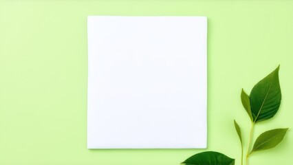White sheet of paper on a light green background with spring leaves and flowers