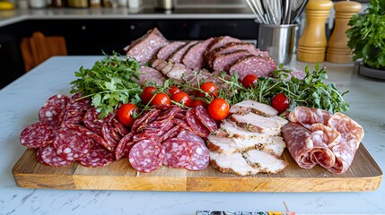 A modern kitchen scene with a cutting board full of cold cuts including roast beef, turkey, and salami, garnished with fresh herbs and cherry tomatoes. The background includes kitchen utensils 
