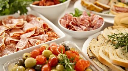 A deli counter with a variety of cold cuts on display.Composition: A wide shot of a deli counter filled with various cold cuts, arranged in a display case.Lighting: Warm, natural light highlighting 