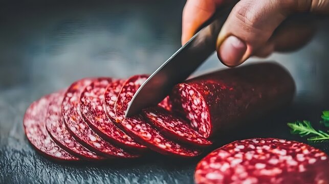 A person slicing a salami with a knife. Composition: A close-up shot of a hand slicing a salami with a sharp knife. Lighting: Warm, natural light highlighting the action of slicing and the salami 