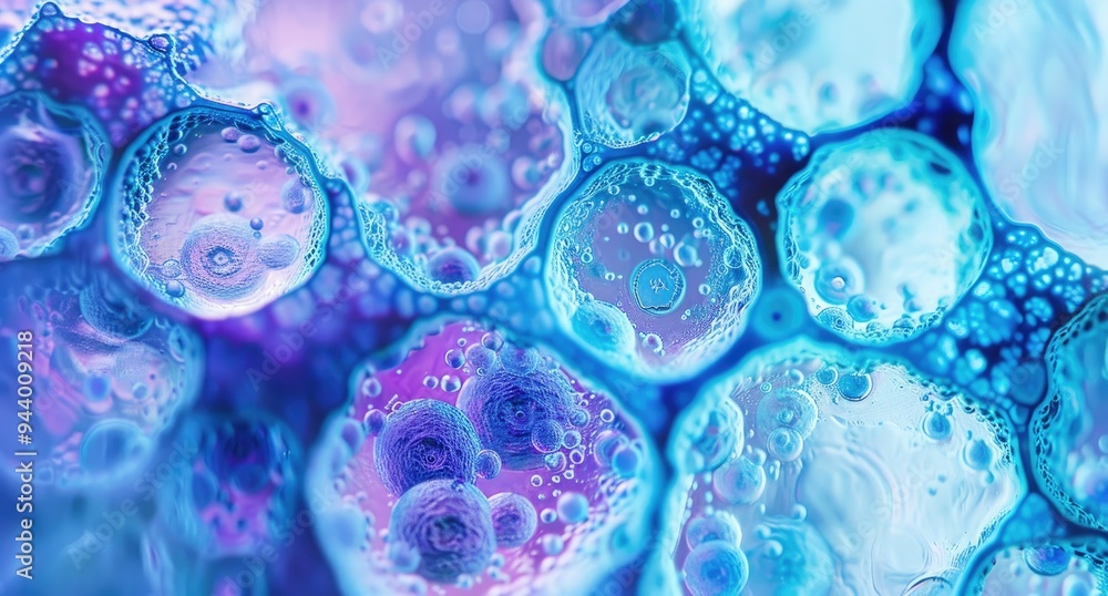 Poster close-up of glowing blue cellular cells in an organic setting, showcasing the intricate patterns and