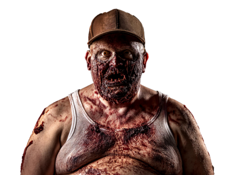 Zombie redneck wearing baseball cap and vest