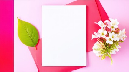 White sheet of paper on a light pink background with spring leaves and flowers 