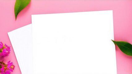 White sheet of paper on a light pink background with spring leaves and flowers 