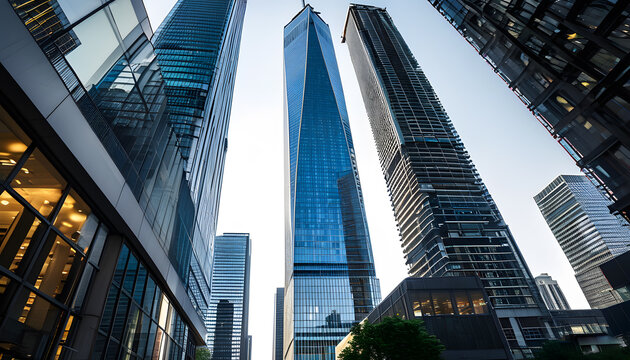 Fototapeta Business skyscrapers in the Financial District seen from below, metropolitan City Center