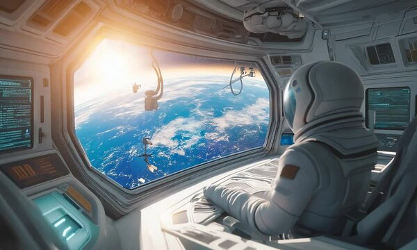 Video of a Astronaut viewing Earth from a space station, advanced spacecraft technology, monitoring systems, and control panels displaying real-time data