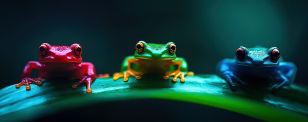 A stunning close-up showcases three vibrant frogs, each uniquely colored?red, green, and blue?perched on a lush leaf, creating a striking contrast against a dark background. © Narongsak